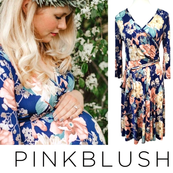 Pink Blush Blue FLoral Wrap Maternity Midi Dress 3/4 Sleeve V Neck Size M - Picture 1 of 9